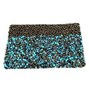 Beaded evening bag clutch purse blue black gold copper top zipper pouch slim
